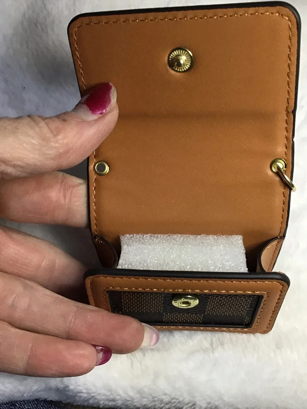 FashionLouis Vuitton Brown and Tan Check key chain with Metal LV Logo